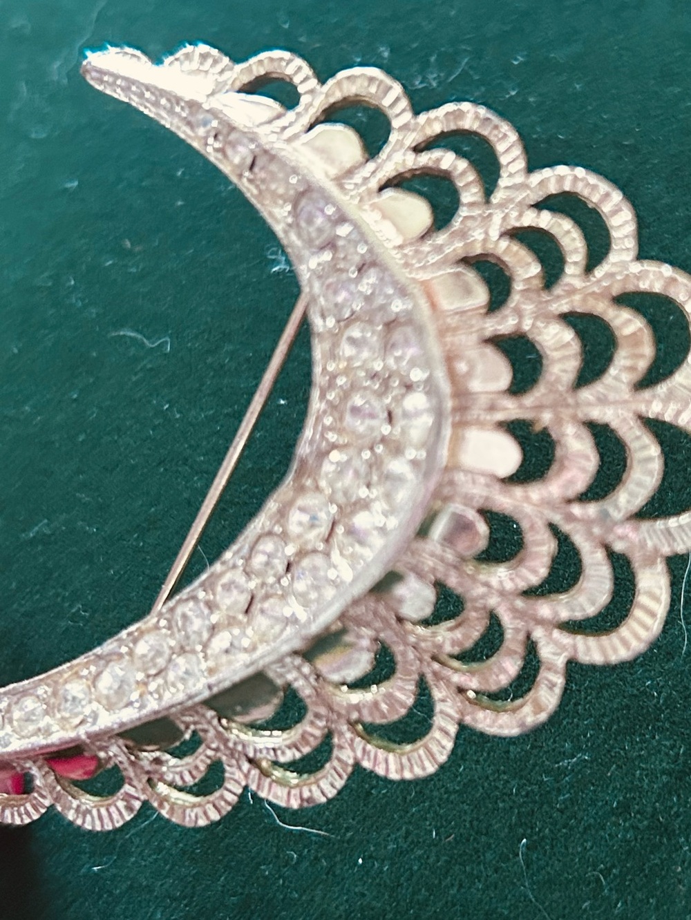 Silver-Tone Crescent Filigree Brooch with Clear Crystals